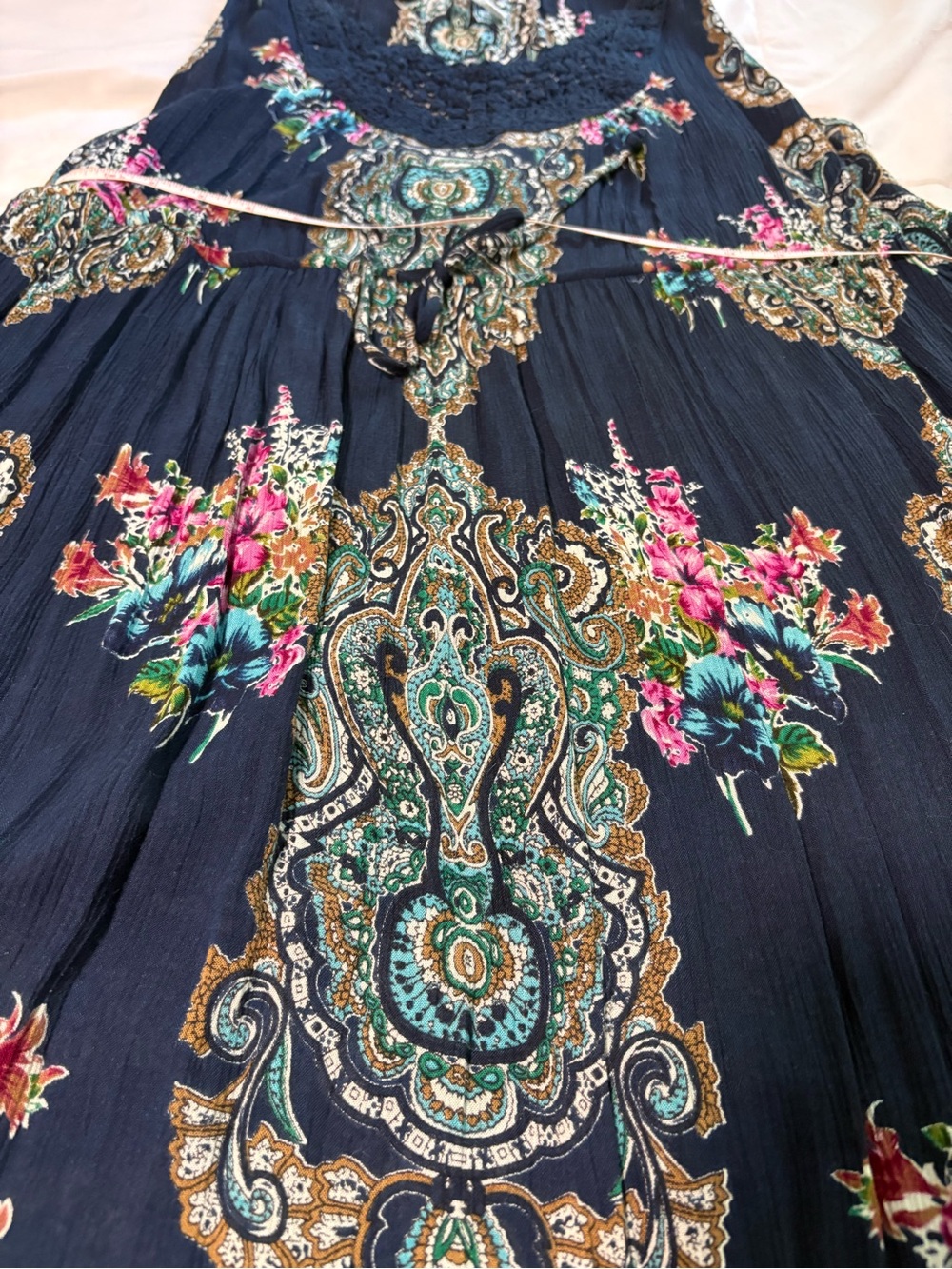Women's Navy Boho Floral Maxi Dress with Lace Yoke Size 2x - Picture 8 of 8